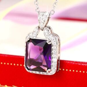 Purple Amethyst Necklace surrounded by White Baguette Diamonds on 925 Silver